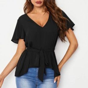 SHEIN Flutter Sleeve Dip Hem Self Belted Blouse